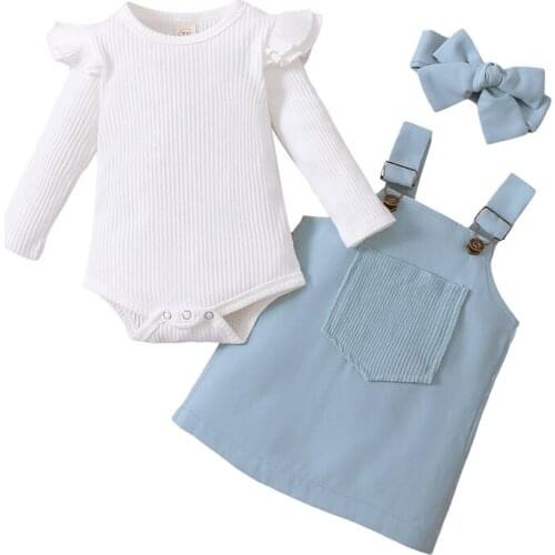 3Pcs Baby Girls Outfit Sweet Style Solid Color Long Sleeve Round Collar Romper + Front Pocket Suspender Skirt + Headwear Set