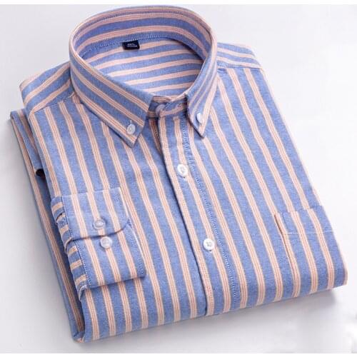 Quality New 100% Cotton Oxford Brand Mens Shirt Clothing Striped Social Mens Formal Business Button Dress Shirts with Pocket