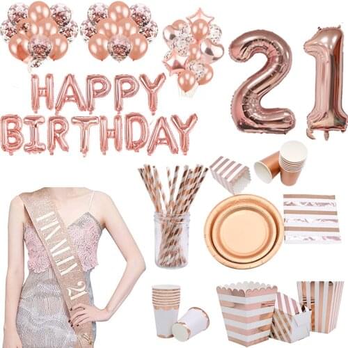 Rose Gold 21st Birthday Sash Party Decoration Happy Birthday Balloons Banner Tableware Popcorn Boxes For 21 Years Old Party