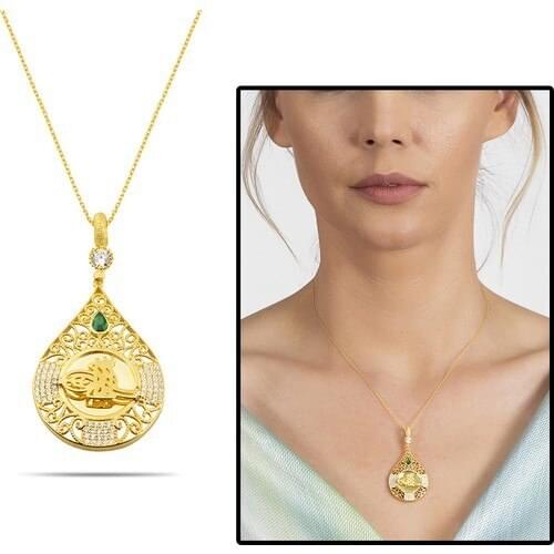 Tesbihane 925 Sterling Silver Tuğra Pattern Drop Model Necklace Model-1