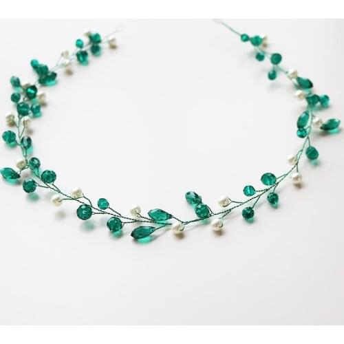 Green Color Crystal Vine Women Headbands Pearl Handmade Wedding Hair Jewelry Accessories Long Bridal Head Decoration Tiara
