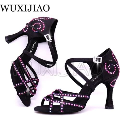 WUXIJIAO Salsa Dance SParty Dance Shoes Satin Shining rhinestones Soft Bottom Latin Dance Shoes Woman Salsa heel 5cm-10cm