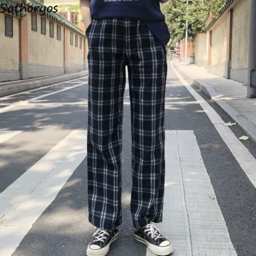 Women Pants High Elastic Waist Plaid School New All-match Retro Straight Simple Leisure Chic Ulzzang Comfortable Kpop Ins Daily