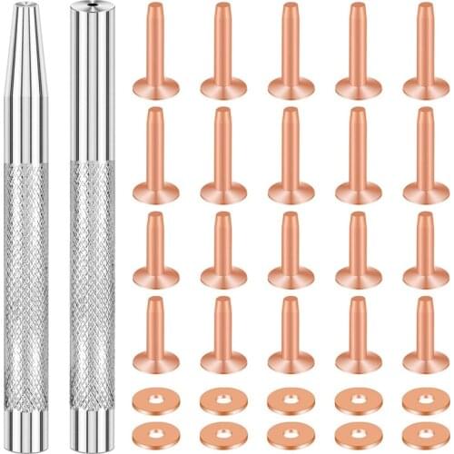 20Pack Copper Rivets and Burrs (14mm and 19mm) with 2Pcs Punch Rivet Tool for Belts, Bags, Collars, Leather-Crafting