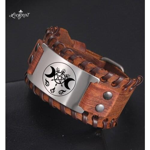 2021 Moon Goddess Mens Wide Leather Wrap Bracelets Kabbalah Hekate Witchcraft Amulet Viking Bangles Punk Rock Wrist Men Jewelry
