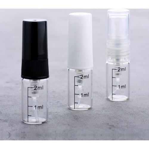 50pcs/lot 2ML Portable Refillable Glass Perfume Sample Bottle Mini plastic sprayer with scale transparent black white