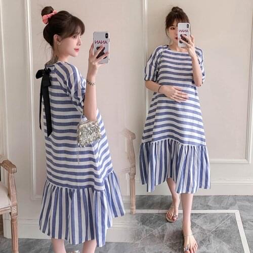 9018# 2021 Summer Navy Blue Striped Maternity Long Dress Lovely Korean Fashion Loose Clothes for Pregnant Women Pregnancy