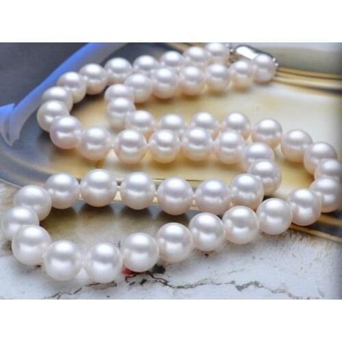 Noble women gift Jewelry Silver Clasp 17-17.5inch Natural 9.5-10mm AAA+ Akoya White Pearl Strand Necklace Handmade
