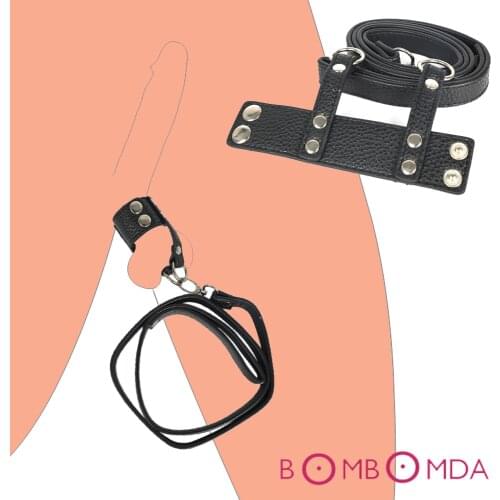 Men Penis Sleeve Ring Erection Impotence Sex Aid Chain Leash Leather Cock Ring Ball Stretcher Bondage Restraints Adult Sex Toys