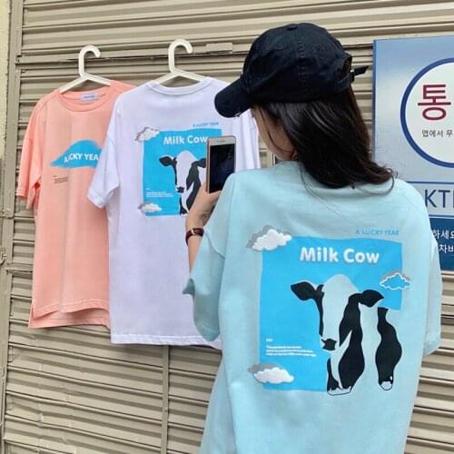 Harajuku Cute Cow T-shirt Streetwear Summer T-shirt Ladies Harajuku Short Sleeve Top Women T-shirt Hip Hop Pure Color T-shirt