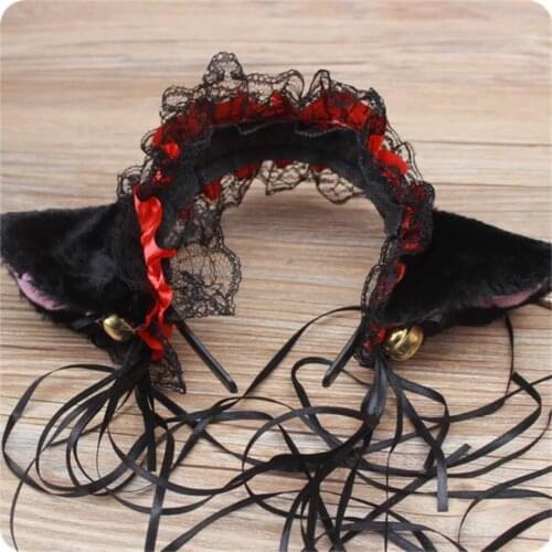Women Girls Maid Gothic Lolita Lace Bow Cat Ears Ribbon Headbands Headwear Anime Cosplay Hair Accessories Headwrap