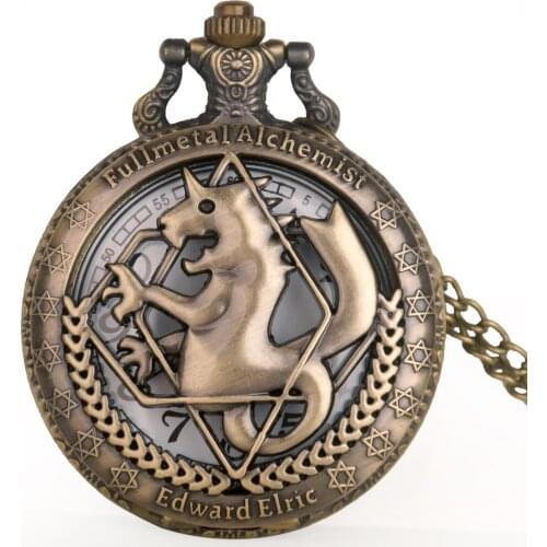 Hot Saling Bronze Full Metal Alchemist Pocket Watch Vintage Chain Watches Steampunk Necklace Pendant Quartz Clock Gifts