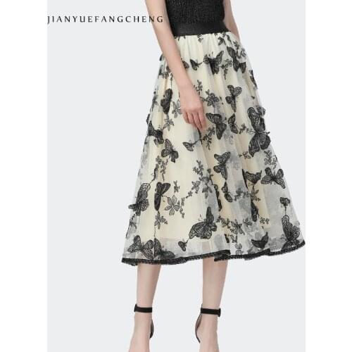 Fashion Summer Ladies Beige Mesh Skirt Butterfly Embroidery Mid-Length High Waist A-Line Pleated Loose Vintage Women' Skirts