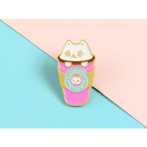Cartoon cute pink animal cat cup enamel brooch pin custom alloy badge denim clothes bag accessories jewellery gift for friends