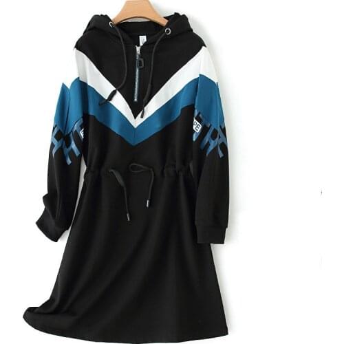 New Women Hooded Dress Long Sleeve Patchwork Slim Waist Hooded Casual Dresses Female Fashion Slim Long Hoodie Dress