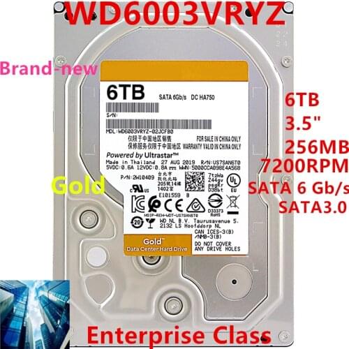 New HDD For WD Brand Gold 6TB 3.5" SATA 6 Gb/s 256MB 7200RPM For Internal HDD For Enterprise Class HDD For WD6003VRYZ