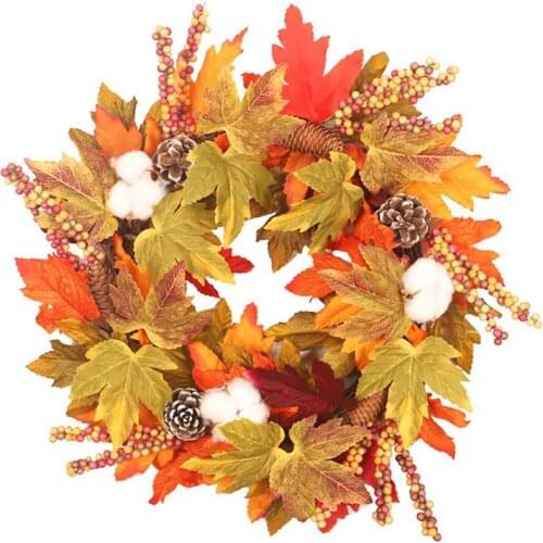 Fall Maple Leaf Artificial Wreath With Grapevine Base, Real Pinecones, Faux Berries And Cotton For Front Door Decoration