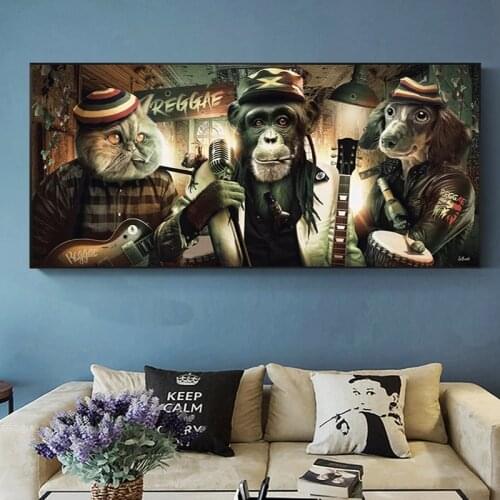 Modern Cartoon Animals Posters and Prints Wall Art Canvas Painting Animal Band, Guitar, Microphone Picture for Room Wall Decor