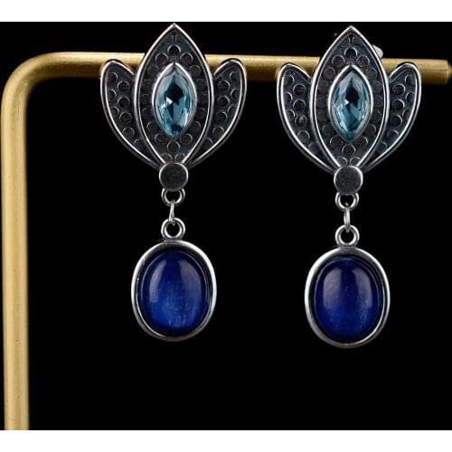 925 Silver Crown Shape Drop Earrings Kyanite Ear Jewelry for Women Gemstones Blue Zircon Earrings Birthday Gifts