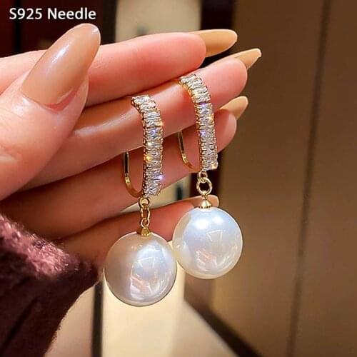 Real 925 Sterling Silver Needle Dangle Earrings for Women Jewelry Cubic Zircon White Pearl Lovely Elegant Female Drop Earrings