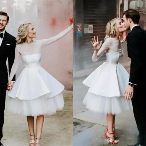 Modest Sheer Illusion Short Wedding Dresses Long Sleeve Cheap Knee Length Country Garden Beach Casual Bridal Gowns Custom Made