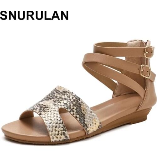 SNURULANSummer Ladies Fashion Shoes Buckle Women Sandals Slip On PU Open Toe Womens Casual Comfotbale Flats Woman Shoe PlusSize