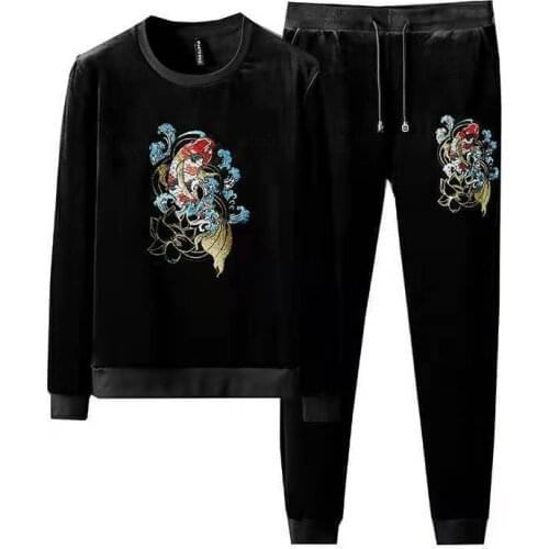 Good Quality Autumn and Winter Sweater Mens Gold Velvet Chinese Style Koi Embroidery Casual Sports Suit Tide