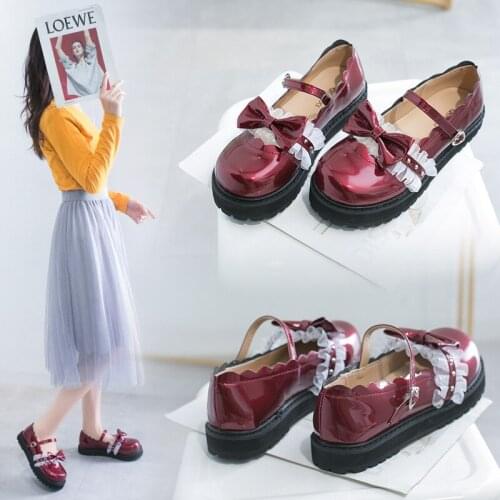 Women Flats Patent Leather Shoes Flower Lace Ruffle Round Toe Black Girls Retro Bowknot school shoes