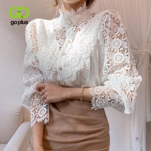 GOPLUS Blouse Plus Size Tops Hollow Out Lace Black White Shirt Women Stand Collar Sweet Blouses Chemise Femme Blusas Mujer