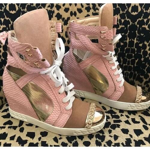 Spring Hot Pink Python Leather Women Street Lace Up Casual Shoes Metal Toe Ladies Increased Heel Shoes Golden Leather Patchwork