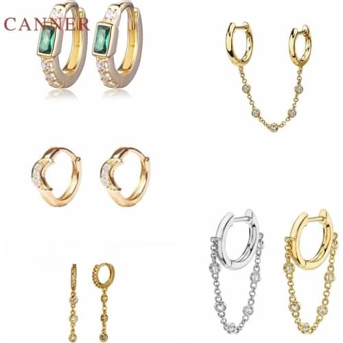 CANNER Real 925 Sterling Silver Earrings For Women Hanging Round Crescent Earrings Hoops Zircon Diamond Korean Jewelry Brincos
