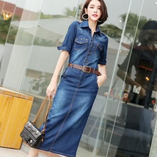 Spring Autumn Denim Dress Women Korean Short Sleeves Bodycon Lapel Office Lady Work Long Jeans Dress Female Cowboy Midi Dresses