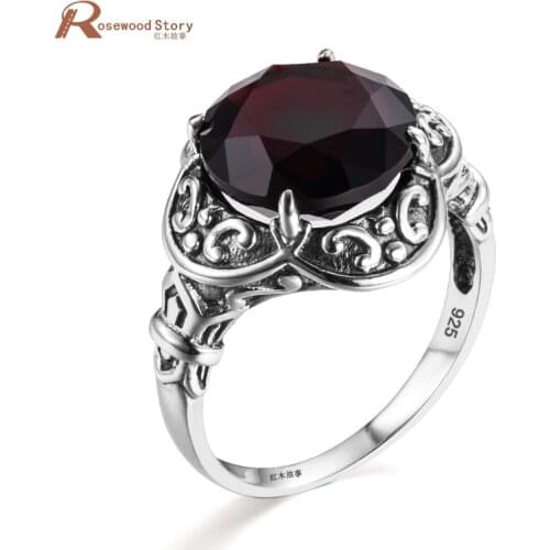 Vintage Female Ring Garnet Stone Crystal 925 Sterling Silver Engagement Wedding Band Ring for Women Medieval Pattern Elements