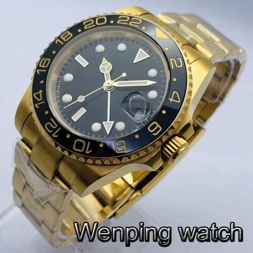 Bliger 40mm Gold Plated Watch Sapphire Glass Ceramic Bezel Luminous Marker GMT Black Dial Date Window Mens Automatic Watch