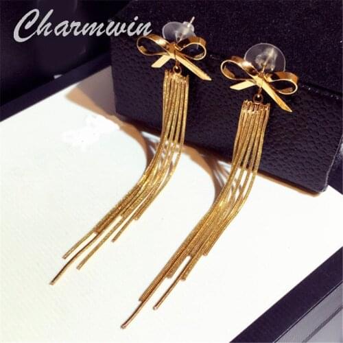 Charmwin New Fashion Long Earrings Metal Tassel Earrings For Women earrings Exaggerated Bow Statement Dangle Earrings Jewelry