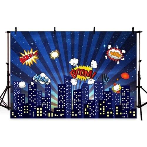 Photography background blue superhero building cartoon boom for boy birthday backdrop photocall Backdrops For Photo Studio