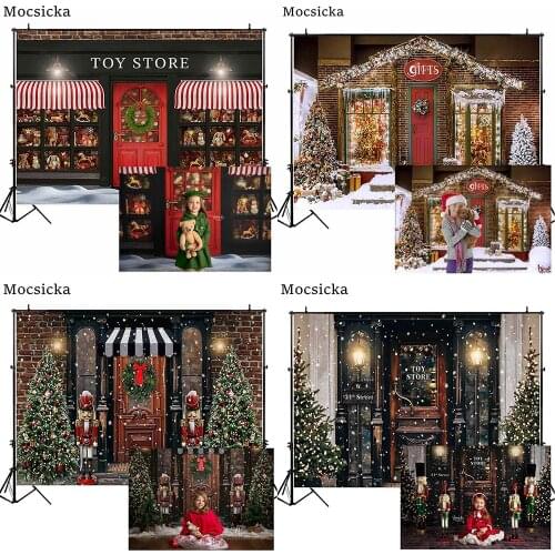Mocsicka Christmas Toy Store Snow Photography Background Child Birthday Backdrop for Photo Studio Xmas Tree Vintage Door Decor