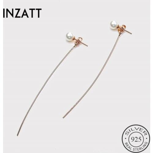 INZATT Minimalist Twist metal Stick Bar 6mm Pearl Dangle Drop Earrings 925 Sterling Silver Sweet temperament Fine Jewelry Gift