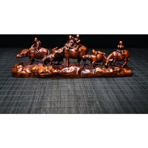 8"Chinese temple collection Old Boxwood Zodiac Ox Shepherd boy herding cattle 5 cow statue Office Ornaments Town House Exorcism