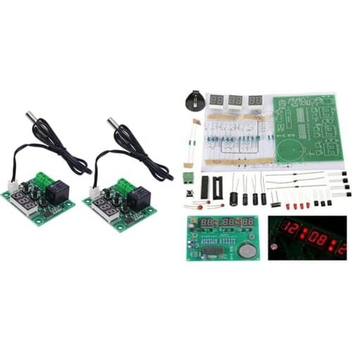 LBER 1set AT89C2051 6 Digital LED Display Electronic Clock DIY Kit & 2Pc XH W1209 DC 12V Heat Cool Temperature Control Switch