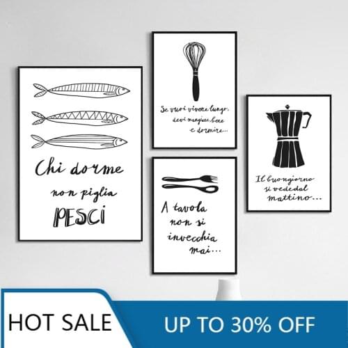 Kitchen Quotes Italian Wall Art Canvas Painting Posters Prints Black White Italy Coffee Fork Spoon Illustration Kitchen Room Dec