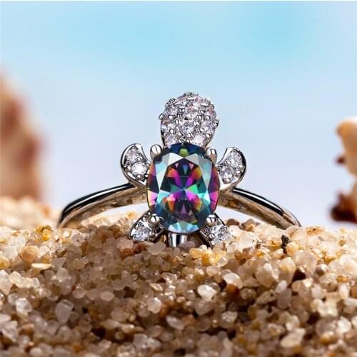 Mystic Rainbow Zircon Oval Stone Turtle Rings For Women Engagement Jewelry Vintage Fashion Silver Color Multicolor Crystal Ring