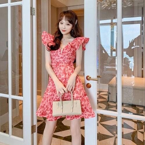Fashion French Vintage Butterfly Sleeve Mini Party Birthday Dress Ladies Elegant Coffee Break Sexy V-Neck Floral Beach Dress