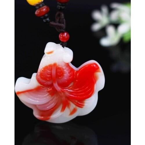 Natural Chinese Color Hand Carved Goldfish Jade Pendant Fashion Boutique Jewelry Mens and Womens Red and White Necklace Gift