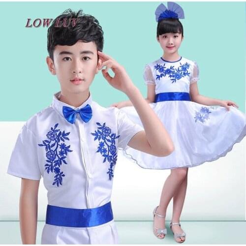 2017 new blue and white porcelain children and girls performance clothes guzheng performance costumes children dance clothing