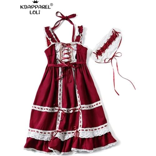 Lolita Dress Sweet Girls Cute Japanese Kawaii Spaghetti Strap Maid Vintage Lace Ribbons Headwear Lace Women Summer Party Prom