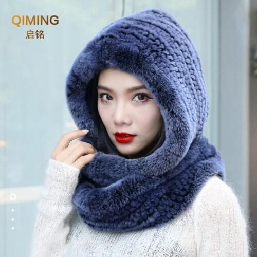 Rex Rabbit Fur Hat Scarf one female winter Korean rabbit fur winter outdoor Bib middle-aged and elderly warm fur hat