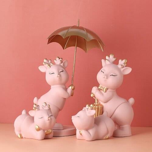 Nordic Lucky Cute Balloon Umbrella Deer Resin Ornaments Home Livingroom Desktop Figurines Decoration Bookcase Sculpture Crafts