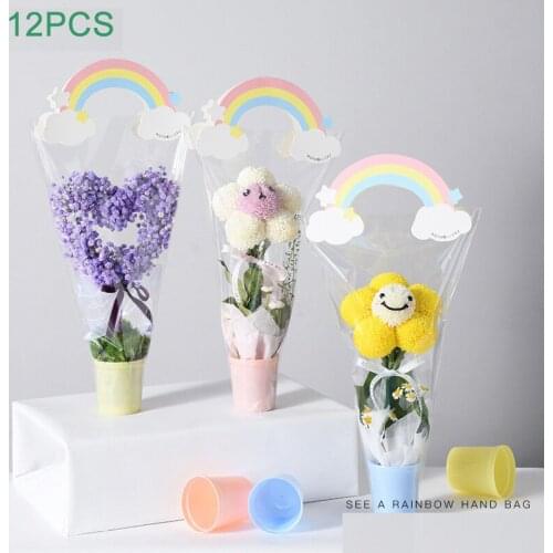 12pcs/set Rainbow Flower Box Packaging Bags Waterproof Florist Rose Wrapping Gift Bags Baby Shower Party Favors Wedding Supplies