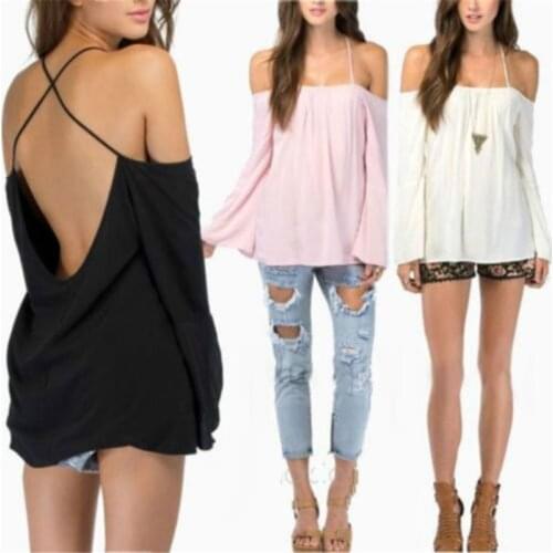 Women Slash Neck Long Sleeve Shirts Summer Casual Loose Chiffon Blouse Lady Sexy Backless Strapless Thin Strap Cross Shirt